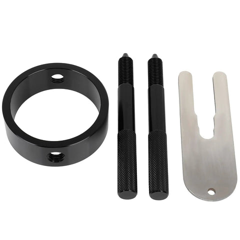 Motorcycle Fork Spring Compressor Tool Kit For Upside-Down Forks, showing aluminum tool and steel spacer components
