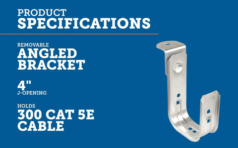 4 Inch J Hook Cable Support With Removable Angle Bracket Zinc Plated Steel Ceiling Mount Holds Up To 300 CAT5E Cables Pack Of 25