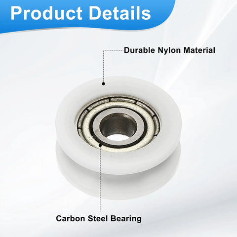 Heavy Duty Nylon U Groove Roller Bearings 4X15X6MM Pack with carbon steel inner race and durable nylon outer for sliding doors.