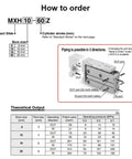 MXH 10-60Z Compact Slide ordering guide for Precision Pneumatic Linear Guide Cylinder features, piping options, and theoretical output.