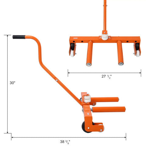 Heavy Duty Adjustable Tire Wheel Dolly Set Of Four 5500 Lbs Steel Car Mover with orange handle and swivel wheels, dimensions shown.