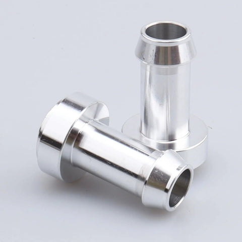 Road Ready Heavy Duty 3/8 Inch Weld On Hose Barb Bung Fitting Raw Aluminum With Stepped Recess For Hassle Free Flush Install On Auto Fuel Oil Coolant Lines 2 Pack showing two polished aluminum fittings.