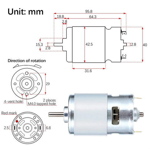 Dimensions and specifications of Workhorse 775 Brushed DC Motor 12V To 24V 288 Watt with details on mounting and rotation.