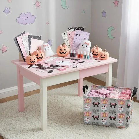 Dope Boo Halloween Basket For Kids With Pink Bow Glowing Ghost Canvas Trick Or Treat Tote with craft supplies on table.