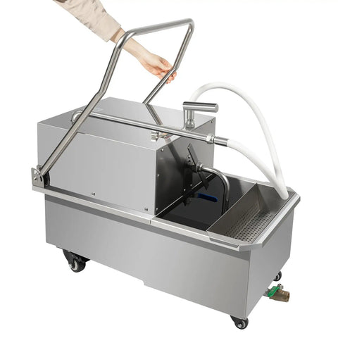Heavy Duty Commercial Fryer Oil Filter Machine With Cart 55L Stainless Steel Storage Tank 550W Motor shown with cart handle.