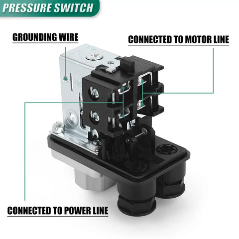 Top Shelf 1 Way Air Compressor Pressure Switch With Control Valve Kit And Manifold Regulator Plus Wide Range Dial Gauge 90 To 120 Psi 110V 240V Aluminum detailed view showing connection points.