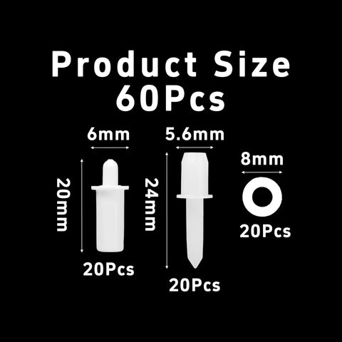 Top Notch Premium 60 Pieces White Plantation Shutter Repair Kit With Slick Heavy Duty Tilt Rod Shafts And Rock Solid Louver Pins For Zero Hassle Window Covering Restoration, showing sizes of components.