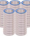Rock Solid 50 Pack of Stainless Steel Deep Groove Radial Silicon Nitride Ball Bearings with Double Rubber Seals stacked in rows.