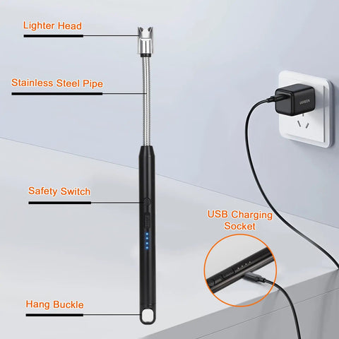 Rechargeable electronic lighter with USB charging cable, featuring a stainless steel pipe, safety switch, and hang buckle.