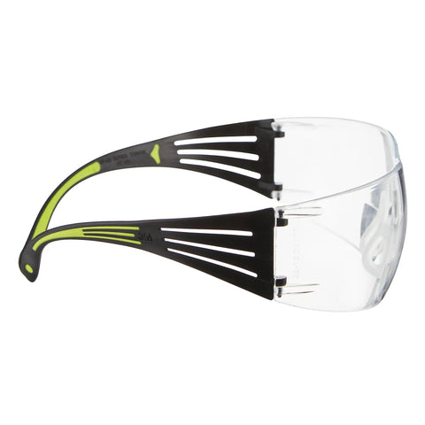 Straight Up Tough Prescription Safety Glasses With Plus Two Point Zero Diopter Reading Aid And Anti Scratch Anti Fog Clear Coating side view with black frames and clear lenses.