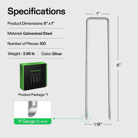 6 Inch Landscape Staples 100 Pack Heavy Duty Workhorse Galvanized Steel Garden Stakes 11 Gauge U Shaped Pins dimensions