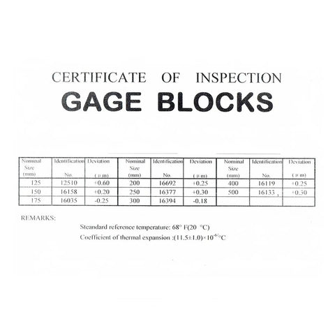 Certificate of Inspection for High Performance Metric Gage Blocks Set Crafted From Heavy Duty Stainless Steel Delivering Dead Accurate Calibration For Router Work And Table Saw Setup Features Eight Precision Pieces Spanning 125 MM To 500 MM.