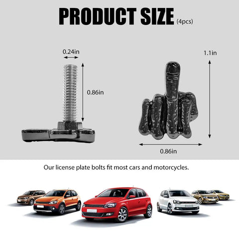 Four Piece Finger Style License Plate Bolts Set detail, black finger design with dimensions, fits cars, trucks, SUVs, motorcycles.
