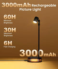 Lit Wireless Battery Operated Picture Light With 3 Color LED for walls showcasing brightness and charging details