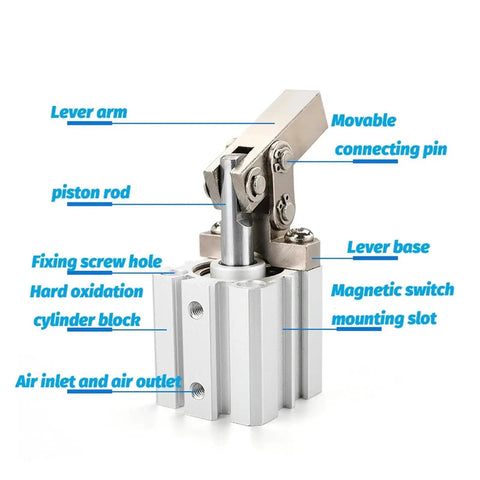 Top Shelf Pneumatic Clamp Cylinder Featuring Robust Leverage Rocker Arm Design with visible lever arm and piston rod.