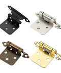 Variety of metal cabinet hinges in black, silver, bronze, and gold with holes for screws.