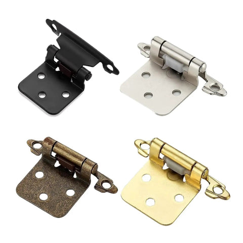 Variety of metal cabinet hinges in black, silver, bronze, and gold with holes for screws.