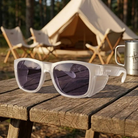 Top Shelf Photochromic Safety Glasses Featuring Fast Adapting Lenses Beefy Side Shields Ansi Z87 Approved workbench setting.