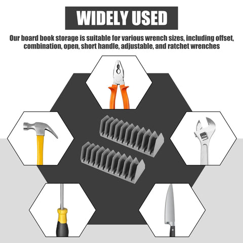 Two Pack Wrench Organizer Tray Set for Tool Box Drawers with 10 slots shown with various tools including pliers and a hammer