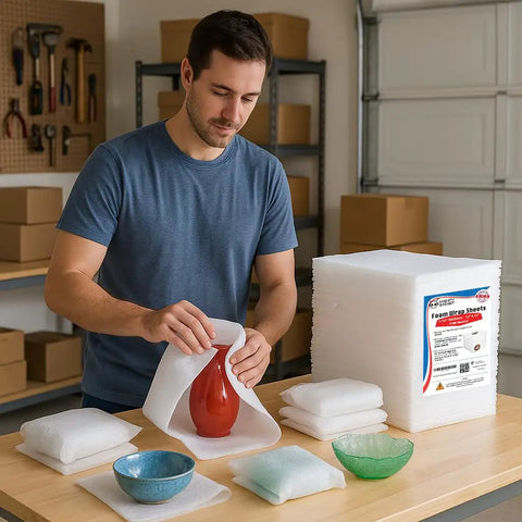 Man wrapping a red vase with Top Shelf Foam Packing Sheets 100 Pack 12X12 Inch 1/16 Thick Polyethylene Non Abrasive Dust Free.