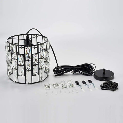 Plug In Vintage Crystal Pendant Light With Chain, Black Metal Frame, Dimmable K9 Crystal Beams, 16.4 Ft Cord, assembly parts included