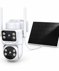 Dual-Lens Solar Security Camera Providing 1024p Wireless Clarity And Smart Motion Alerts For Easy Wall Mount Setup next to solar panel.