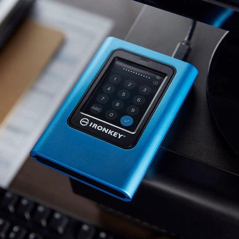 Vault Privacy 80 External SSD With FIPS 197 Encryption And XTS AES 256 Bit Encryption Plus Touch Screen PIN shown on desk