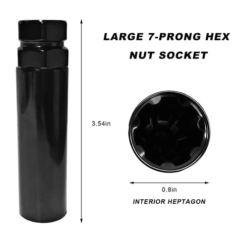Large 7-prong hex socket 3.54in long for seven point spline tuner lug nut key and socket wrench replacement for automotive wheel lock removal tool.