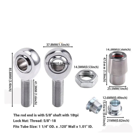 Rock Solid Heavy Duty Heim Joint Rod End Kit With Tube Adapters And Spacers 4Pc 5/8x18 dimensions of rod ends and nuts
