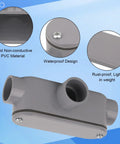 Four Pack Three Quarters Inch Rigid PVC Conduit Body Type T Slip X Slip With Cover And Gasket Gray for 90 Degree Turns