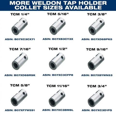 Various sizes of Weldon tap holders for magnetic drill presses, including Three Quarter Weldon Tap Holder For Five Eighth Inch Taps