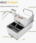 Heavy Duty 550W Commercial Fryer Oil Filter Cart With 65L Tank And Quick Pump System showing stainless steel design and oil outlet pipe.