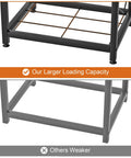 Comparison of Two Tier Firewood Rack With 3 Hanging Hooks Heavy Duty Steel Wood Holder above a weaker rack