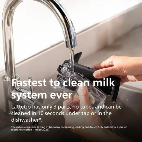 Cleaning the milk system of a Fully Automatic Espresso Machine With 12 Hot And Iced Coffee Picks in a sink with running water.