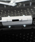 Close-up of the hinge on a Dual Compost Tumbler With Two 50 Gallon Chambers For No Fuss Turning Black Outdoor Garden Bin.