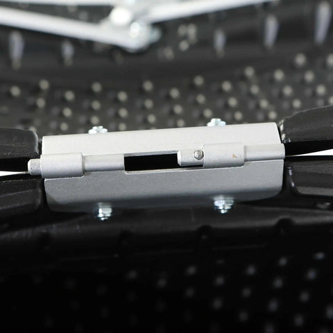 Close-up of the hinge on a Dual Compost Tumbler With Two 50 Gallon Chambers For No Fuss Turning Black Outdoor Garden Bin.