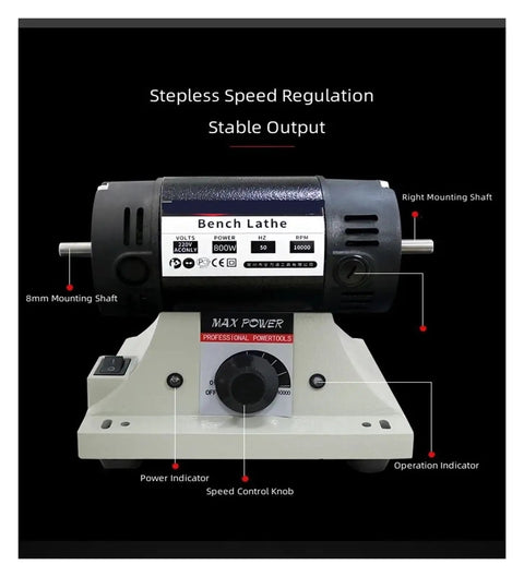 Heavy Duty 800W Bench Grinder With Variable Speed For Woodwork Jade Polishing And Precision Detail Work Flexible Shaft Kit Included For Hella Smooth Finishes Every Time, with speed control knob and mounting shafts.