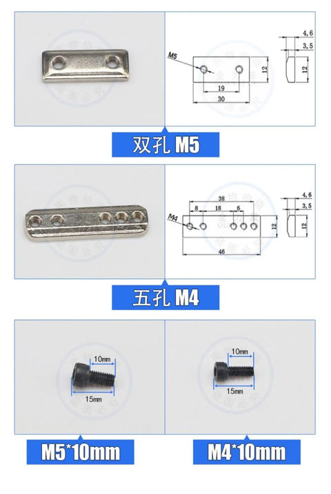 Robot Fixture Fixing Block L Shaped Unit With M5 Single And Double Five Hole Nuts And M4 Screws image showing dimensions for M5 and M4 components.