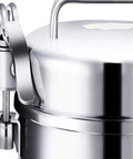 Close-up of a stainless steel electric grain grinder pulverizer lid, featuring latch mechanism for superfine flour and powder processing.