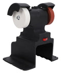 Hardcore Rugged Shop Beast Mini Bench Grinder With Permanent Magnetic Copper Motor Dual Brown Corundum Wheels Quick Sharpening And Smooth Metal Polish Up Garage Projects, compact design with two grinding wheels, black body.