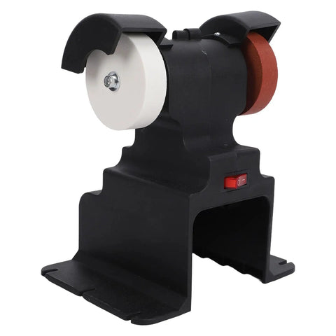 Hardcore Rugged Shop Beast Mini Bench Grinder With Permanent Magnetic Copper Motor Dual Brown Corundum Wheels Quick Sharpening And Smooth Metal Polish Up Garage Projects, compact design with two grinding wheels, black body.