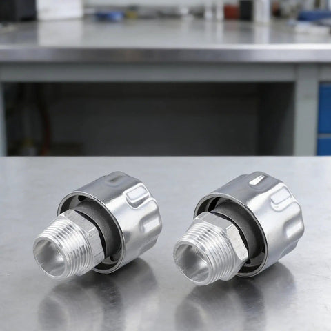 2-Pack NPT Threaded Breather Cap Reducer With 40 Micron Oil Filter For Gear Tanks on a workbench, showcasing steel construction.