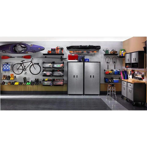 Wall Mount Gearbox Cabinet for Garage with Adjustable Shelf and Open Bottom Rack to Keep Your Badass Tools Organized 28 Inch Storage Unit Heavy Duty Holds 150 Pounds Easy Assembly Repositionable on Walls in a garage environment showcasing organized tools and equipment.