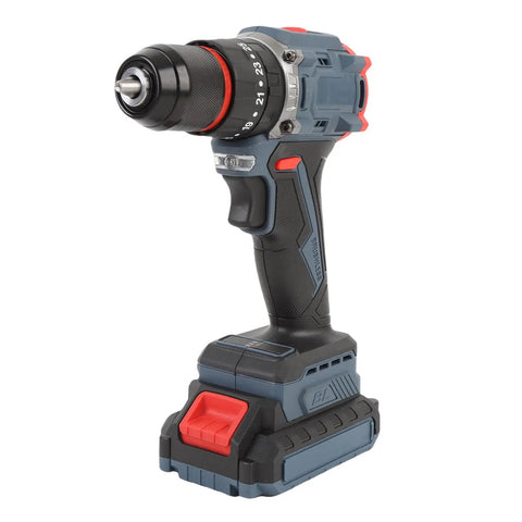 Badass Brushless Cordless Drill Kit Featuring 1500 RPM Output With 25 Adjustable Torque Settings For Knockout Wood Drilling And Slick Home Repair Tasks For Weekend Warriors, side view showing grip and battery.