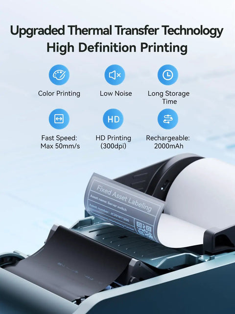 Close-up of 2 Inch Thermal Transfer Bluetooth Label Maker with Color Ribbon Printing for Waterproof Scratch Resistant Labels Ideal for Office.