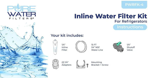 Slick Inline Water Filter Kit For Refrigerators And Ice Makers With Quick Connect Fittings and Fifteen Foot Tubing showing components and usage instructions.