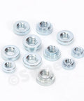 Top Shelf Self Clinching Nuts Assortment Kit With 220 Pcs Knurled Rivet Nut Fasteners In M3 M4 M5 Sizes Galvanized Steel Build on white background.
