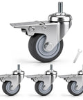 2 Inch M8-1.25 Metric Caster Wheels With Locking Brakes Set Of 4 TPR Swivel Casters close-up showing gray rubber wheel and metal mount.