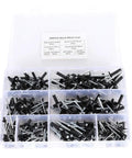 200 Piece Black Aluminum Blind Rivet Kit With 3.2mm 4.0mm 4.8mm Fasteners in a plastic box with dividers.