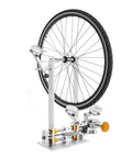 Pro Wheel Truing Stand For Bikes, Foldable, with 3 Gauges, fits 10-29 inch wheels, heavy-duty aluminum alloy, side angle view